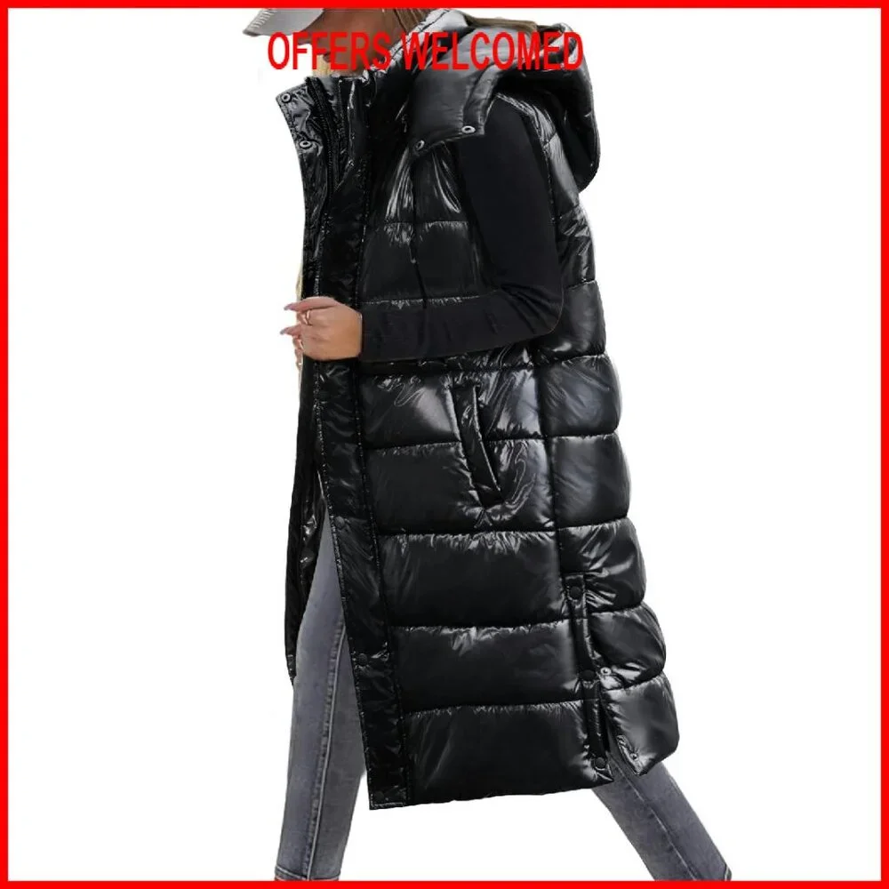 Women's Long Puffer Vest Sleeveless Jacket Zip Up Hooded Quilted - Picture 1 of 8